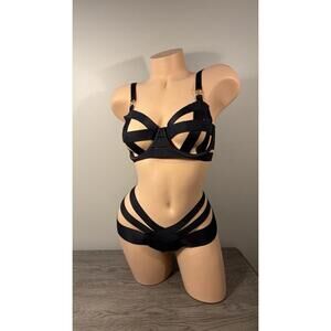 Victorias Secret Strappy Two Piece Bra And Panty Cheeky Set 32DD Black Very Sexy